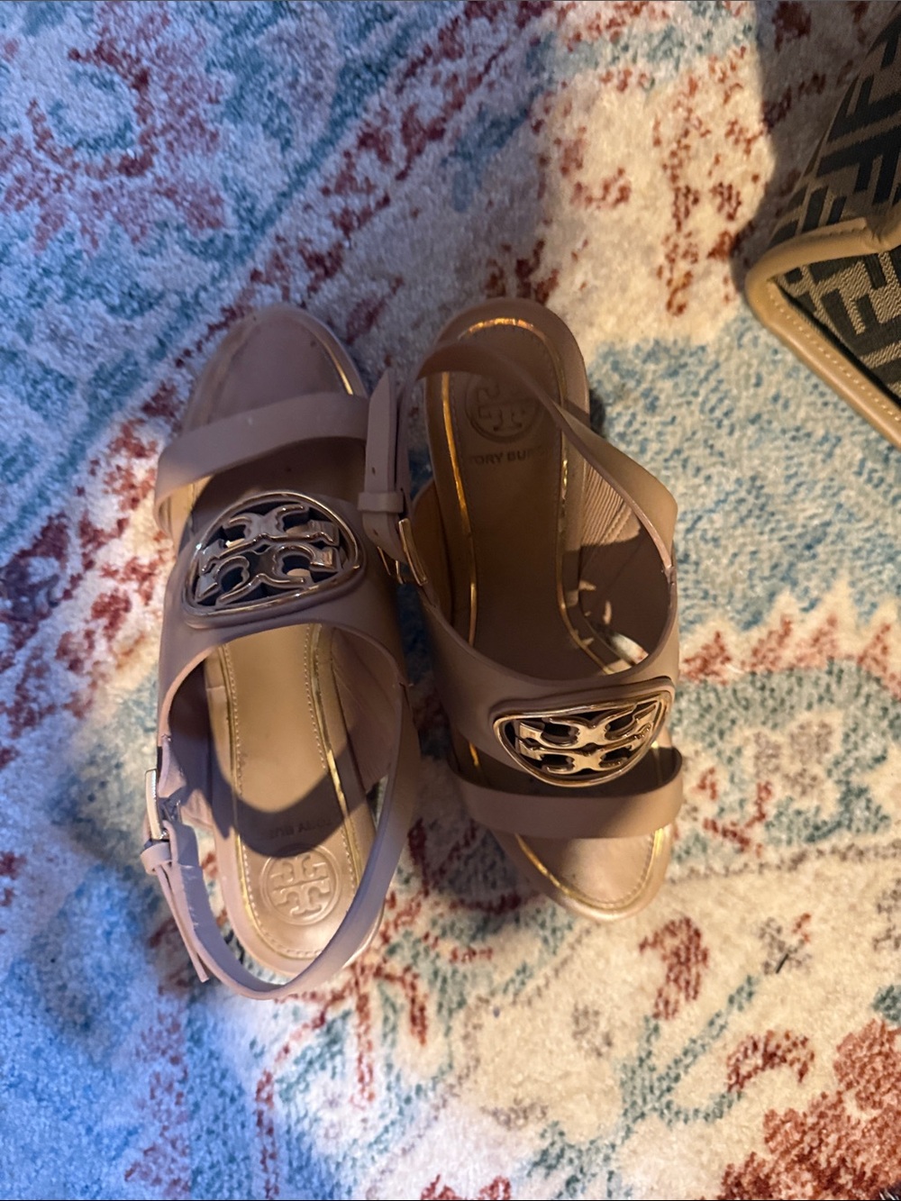 Tory Burch Pink Taupe Logo Cutout Wedge Sandals